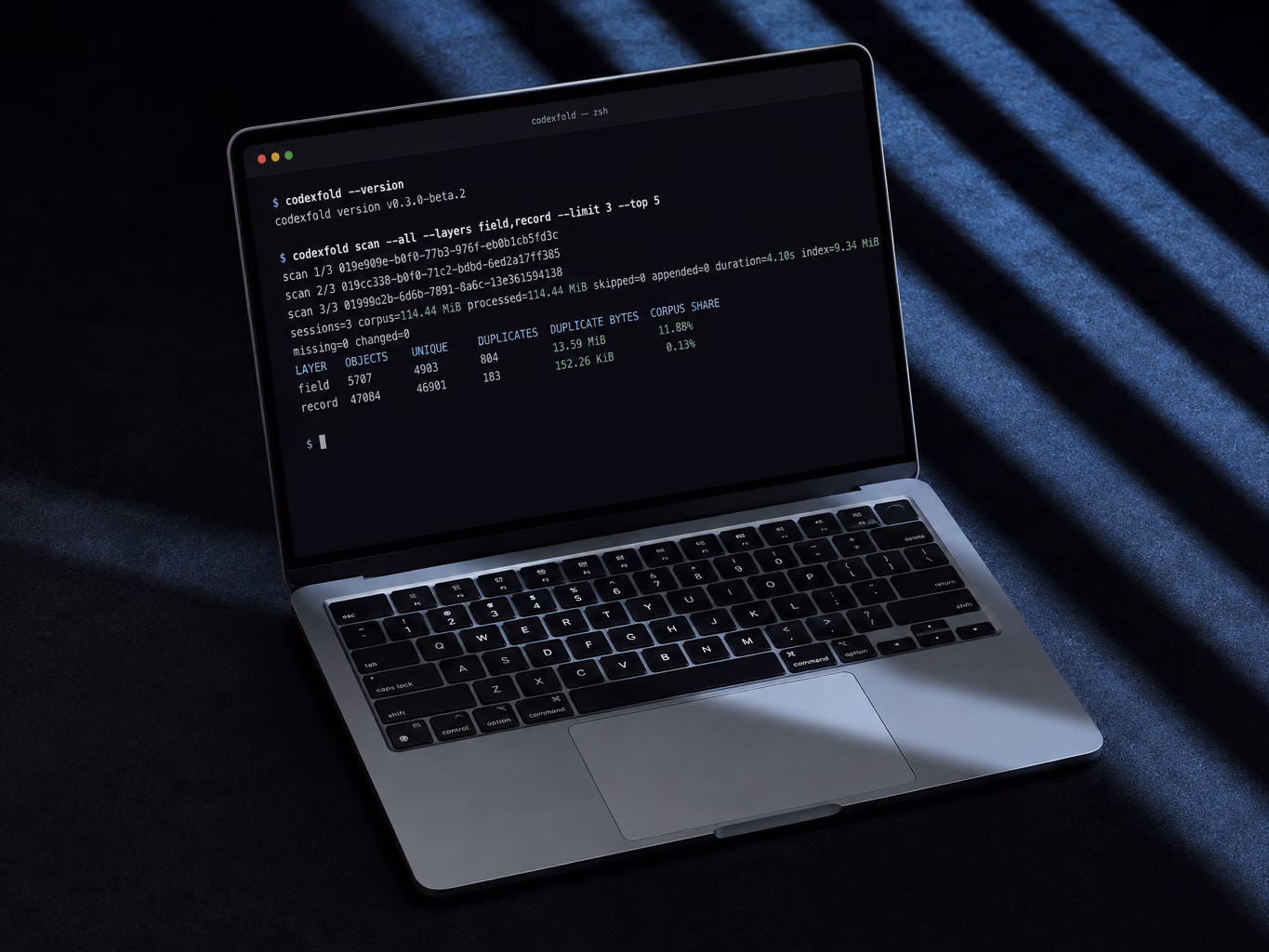 CodexFold — session storage scan in a terminal